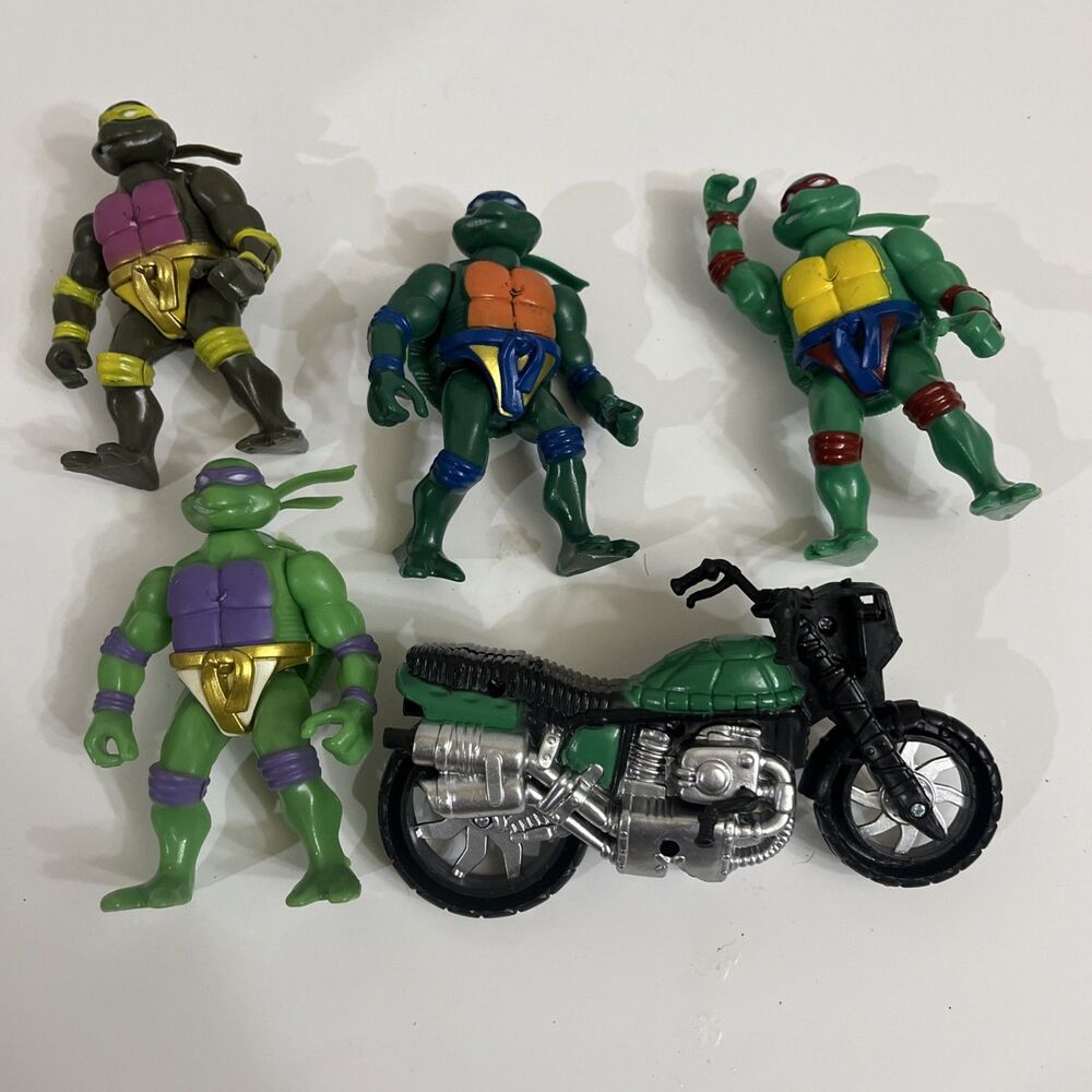 Vtg TMNT 4 Figure Lot Leonardo Donatello Raphael Michelangelo + Motorcycle